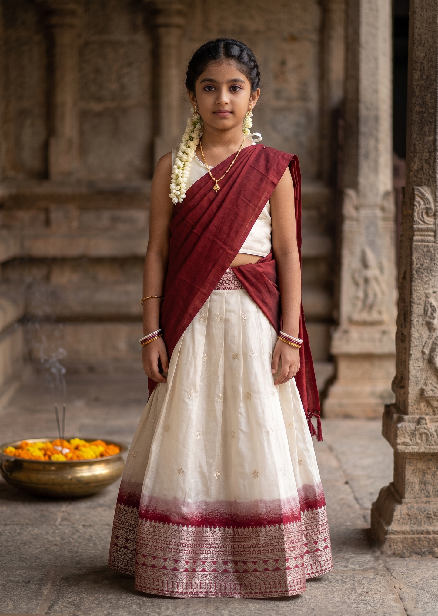 Southloom Stitched Organza Dhavani Set with Pavada and Blouse Piece in Maroon SLKDHAVANI