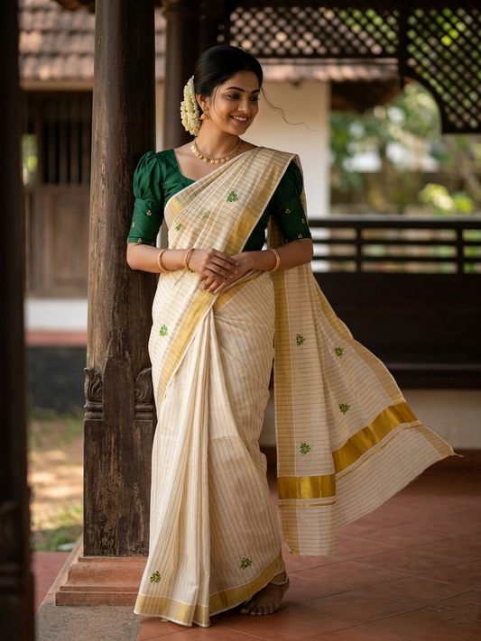 Southloom Tissue Kerala Kasavu Lines Saree with Floral Embroidery Design in Green SL363