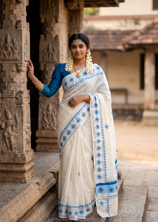 Southloom Cotton Kerala Kasavu Saree with Digital Print on Body in Blue SL533