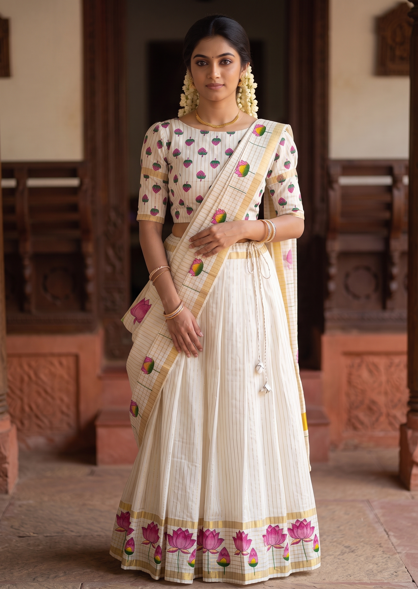 Southloom Stitched Cotton Stripes Dhavani Set with Pavada and Blouse Piece with Lotus Print