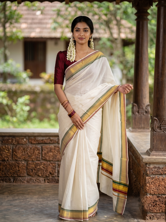 Southloom Kerala Cotton Kasavu Saree with Green And Maroon Border SL529