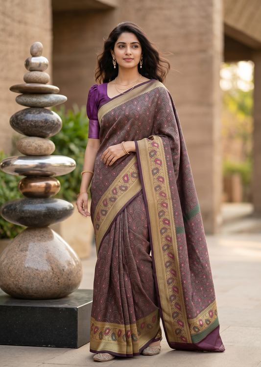 Southloom Resham Work Soft Cotton Banarasi Saree with Woven Work on Body and Borders