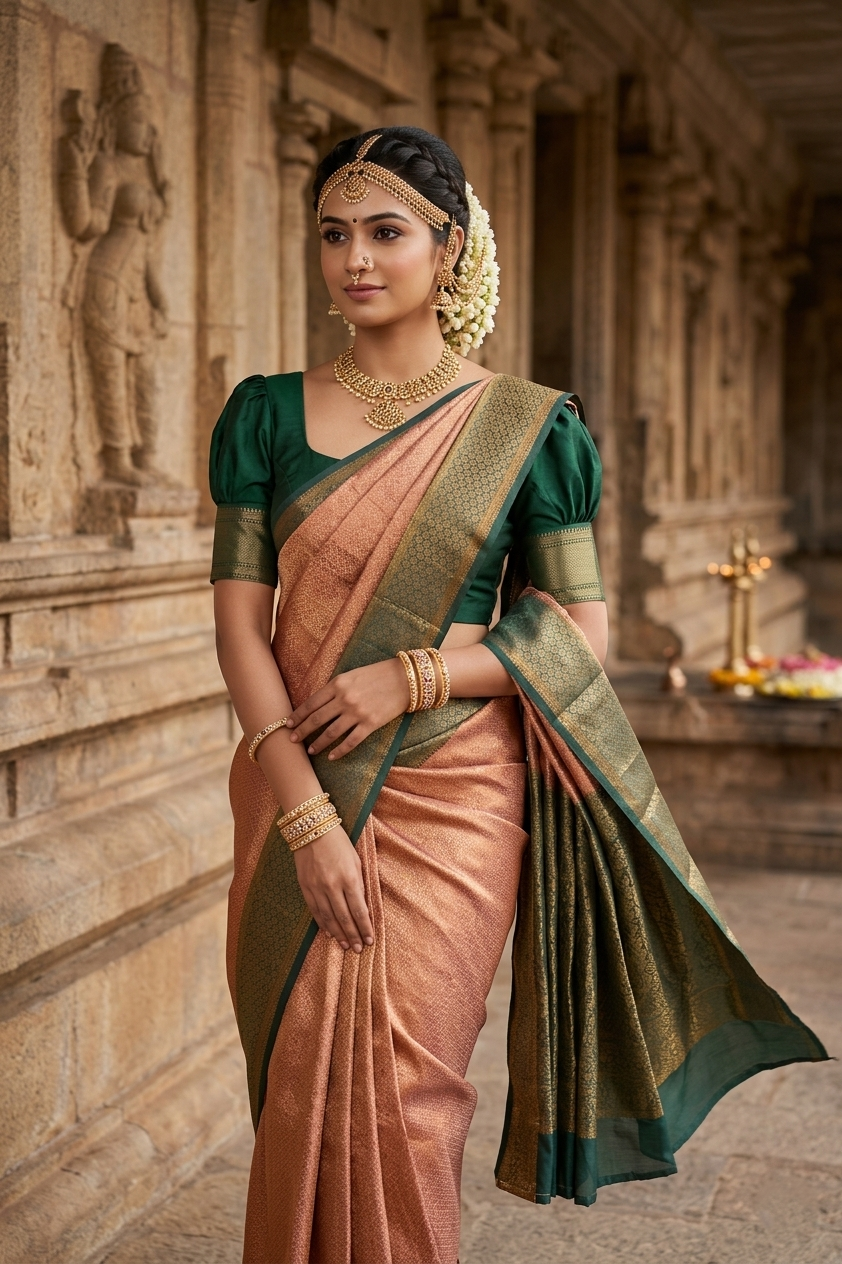 Southloom Brocade Silk Bridal Saree WIth Woven Borders And Blouse Piece in Beige And Green
