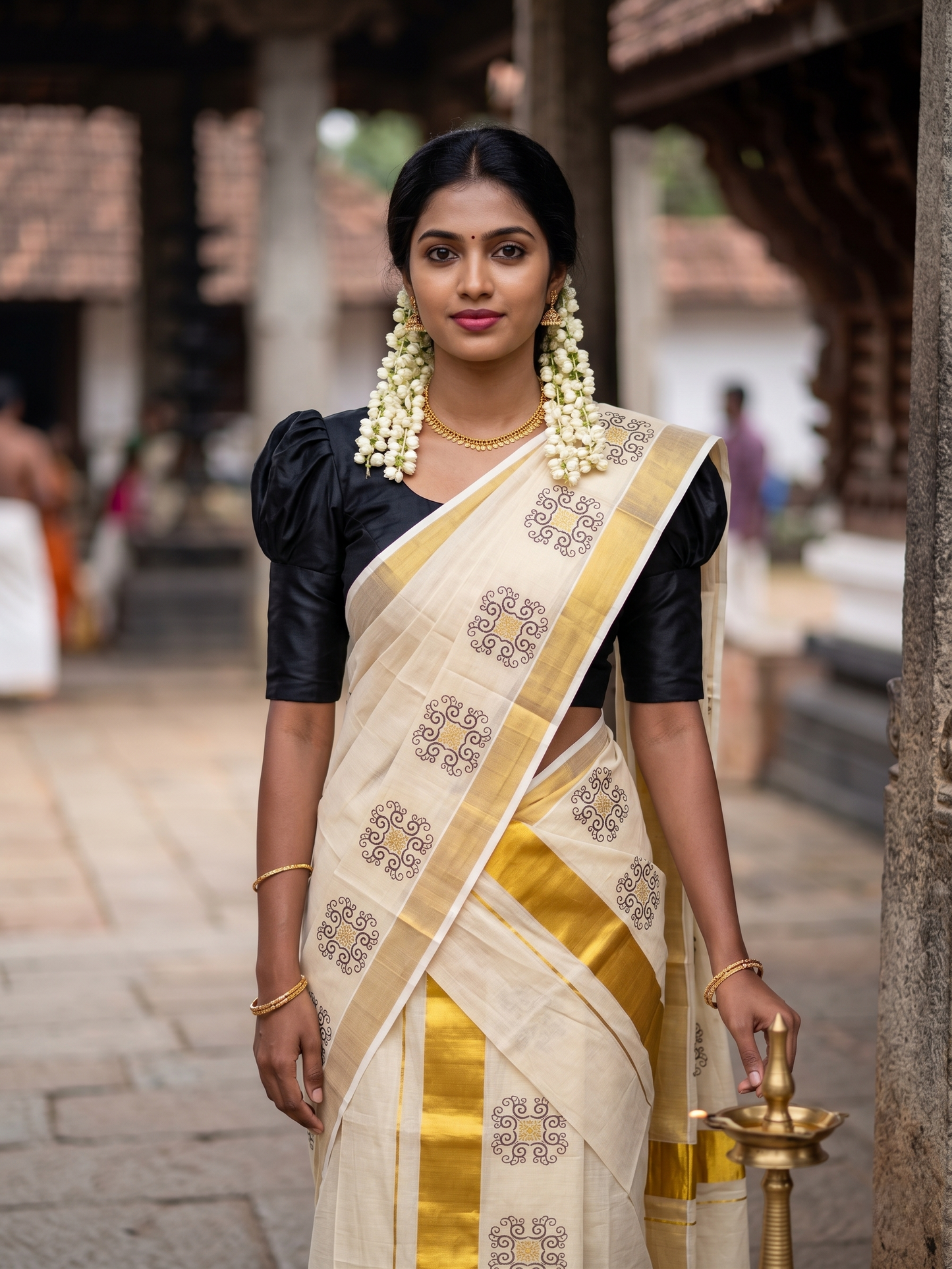 Southloom Tissue Set Mundu with Gold Kasavu Borders And Embroidery Design in Black 2.80 Mtrs SL380