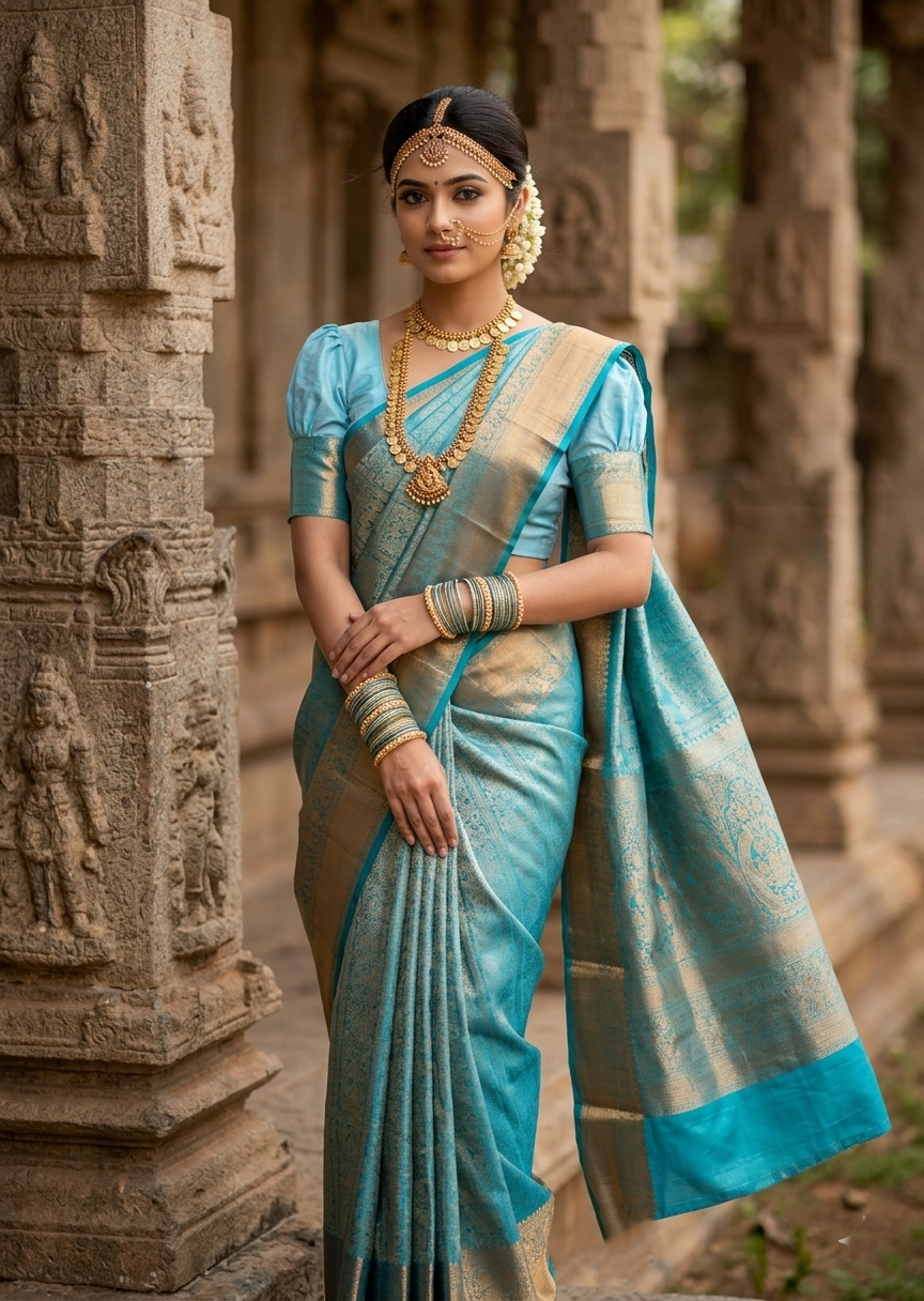 Southloom Pure Handloom Bridal Kanchipuram Silk Saree with Korvai Work (Blue)
