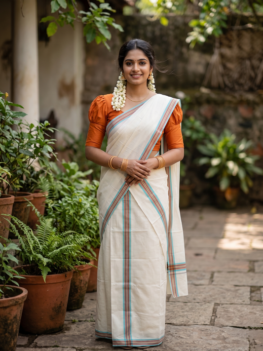Southloom Kerala Mulloth Cotton Single Mundum Neriyathum with Multicolor Border In 2.80 Mtrs SL243