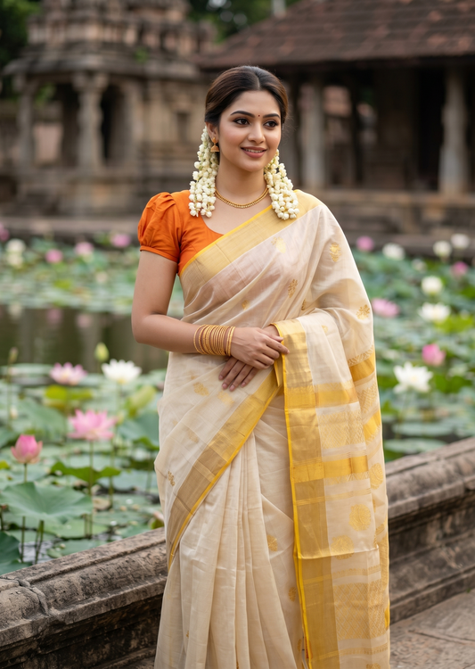 Southloom Tissue Kasavu Replica Saree with Woven Butta Works Across Body And Temple Border (SL431)