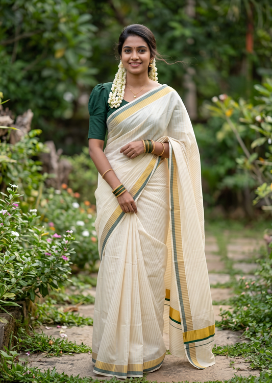 Southloom Pure Cotton Kerala Saree with Gold Kasavu Lines Across Body and Dark GreenBorder
