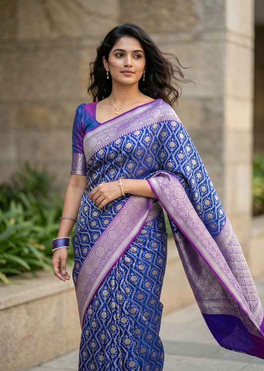 Southloom Pure Banarasi Silk Saree with Woven Work on Body and Borders (Blue And Magenta)