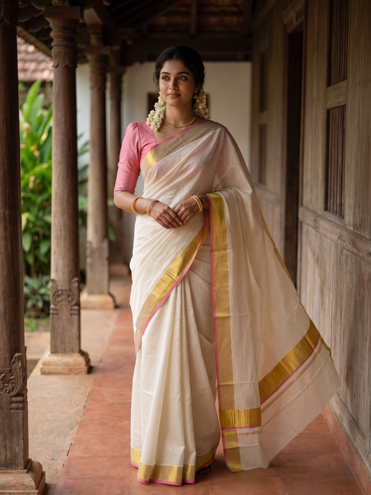 Southloom Kerala Cotton Kasavu Saree with Stripes on Body In Pink Border SL351