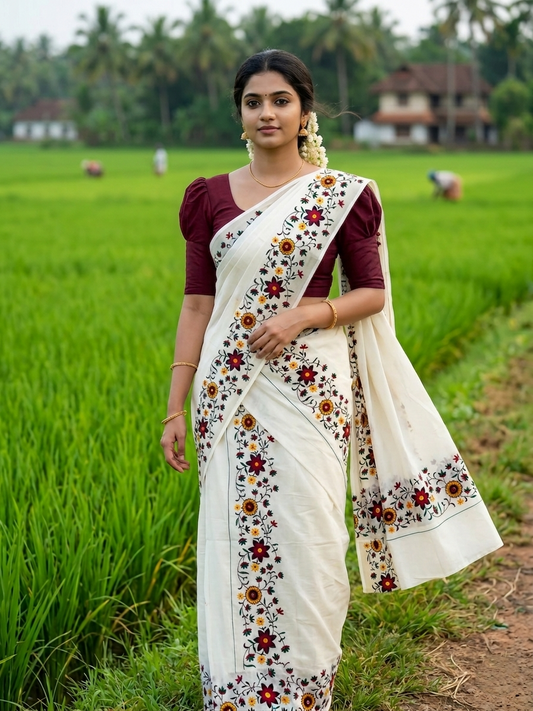 Southloom Cotton Single Set Mundu (Mundu Neriyathum) With Floral Print On Kasavu in 2.80 Mtrs