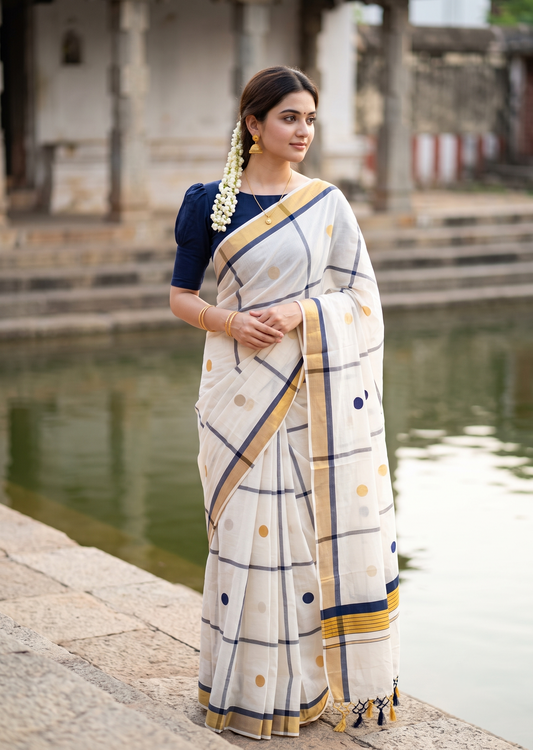 Southloom Kerala Cotton Kasavu Saree with Blue & Gold Polka Works on BodySL581