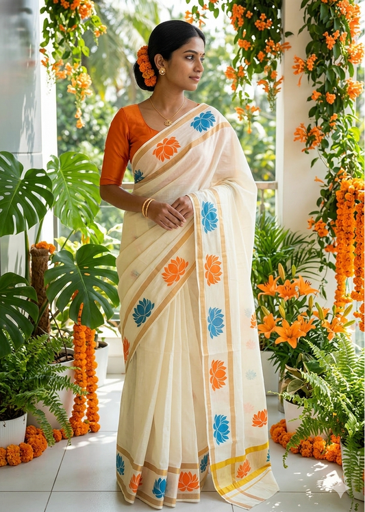 Kerala Cotton Saree with Blue and Orange Lotus Print SLlotus