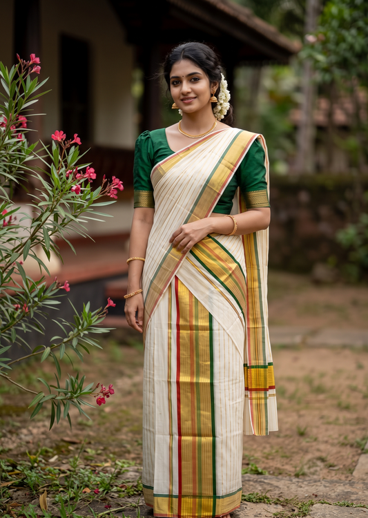Southloom Premium Handloom Stripes Set Mundu with Maroon & Green Border and Kasavu Lines Across Body 2.80 Mtrs SL632