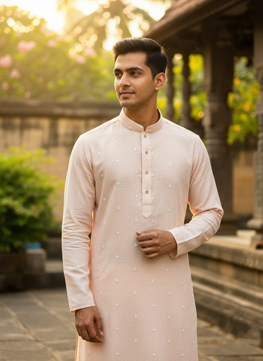 Southloom Semi Silk Short Kurta for Men in Peach Colour