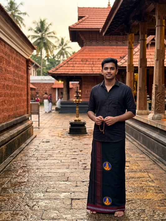 Southloom Black Printed Ayyapan Single Mundu / Otta Mundu  (South Indian Kerala Dhoti)