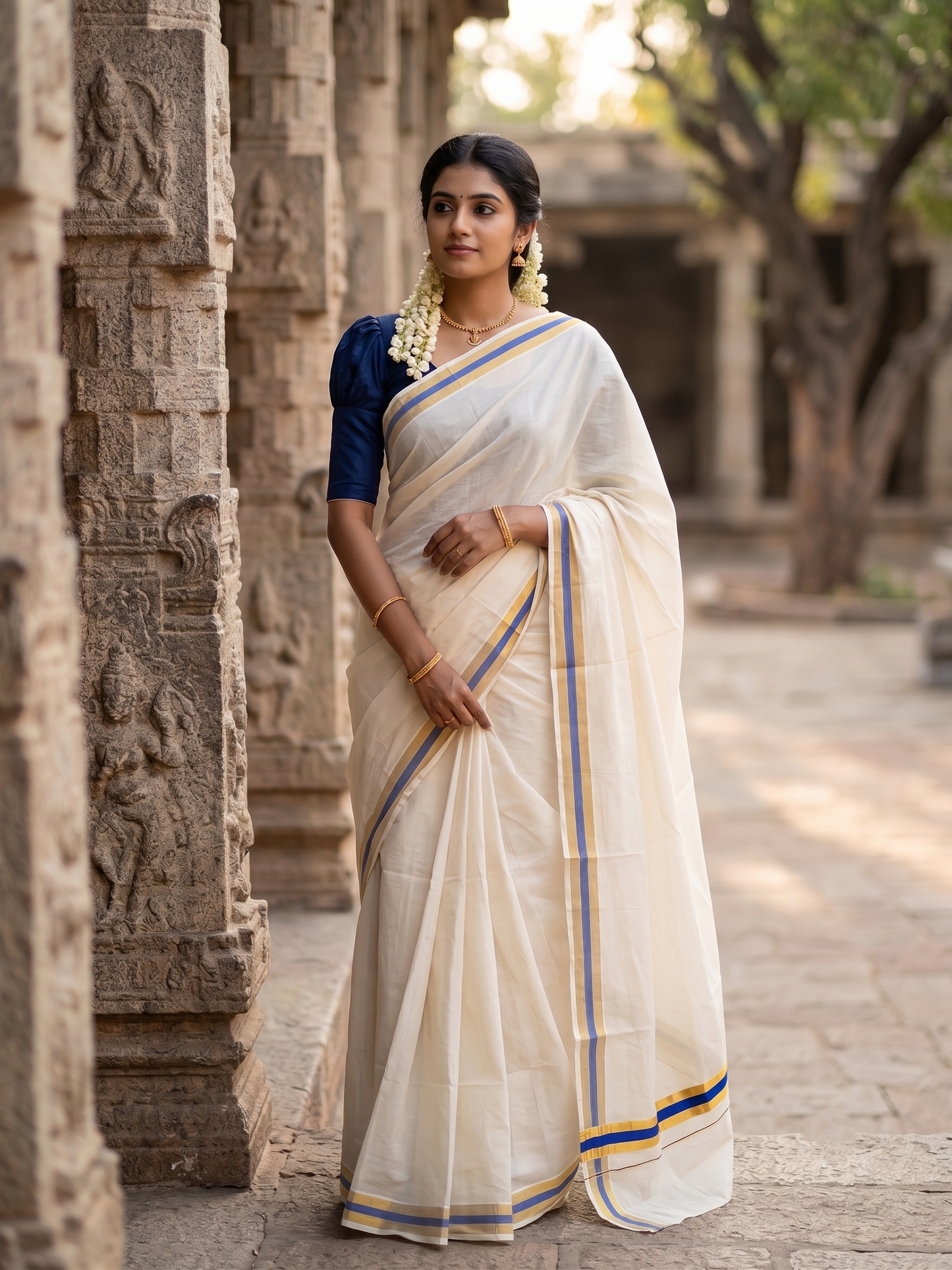 Southloom Kerala Cotton Kasavu Saree with Blue Border