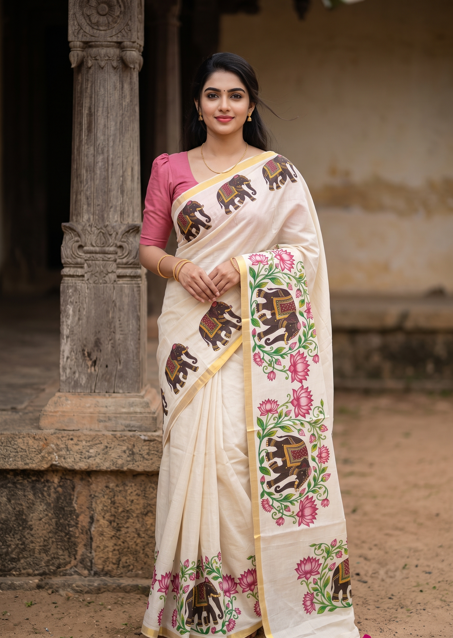 Southloom Kerala Tissue Kasavu Saree with Elephant And Lotus Digital Print Design SL503