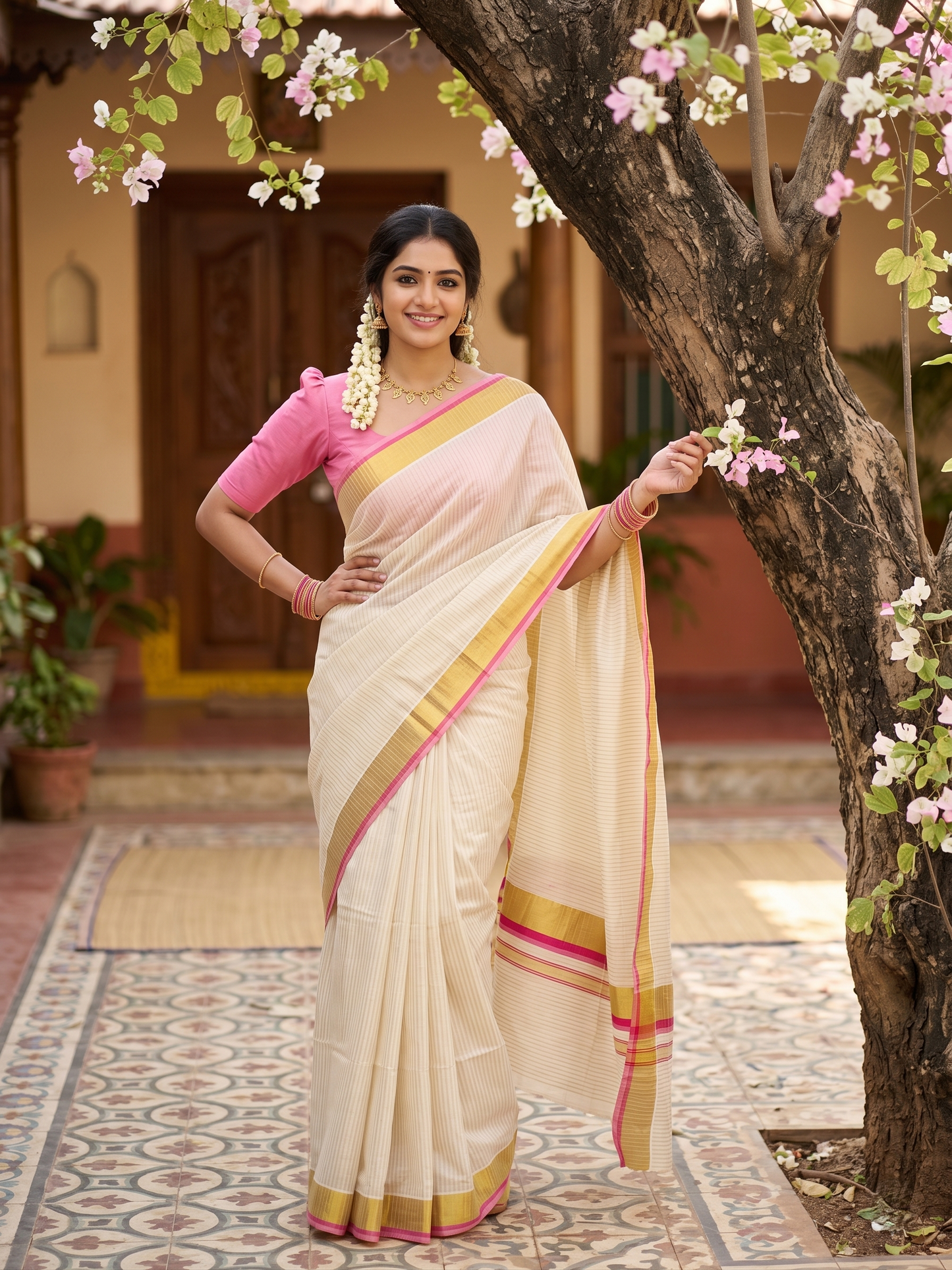 Southloom Kerala Cotton Kasavu Saree with Stripes on Body In Pink And Magenta Border
