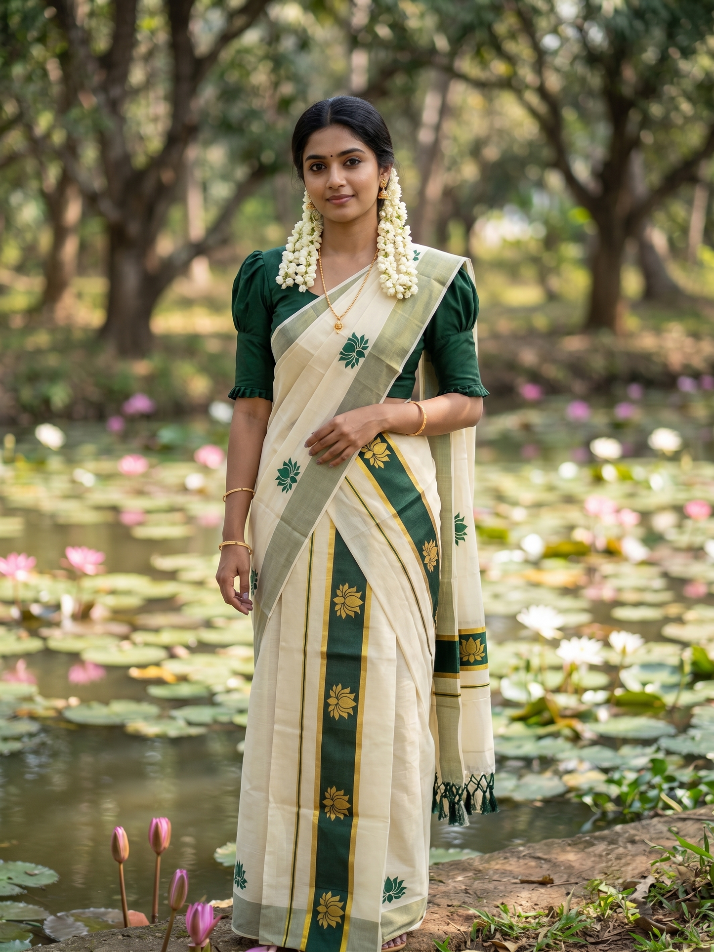 Southloom Kerala Cotton Kasavu Single Set Mundu (Mundum Neriyathum) with Lotus Design in Green SL546