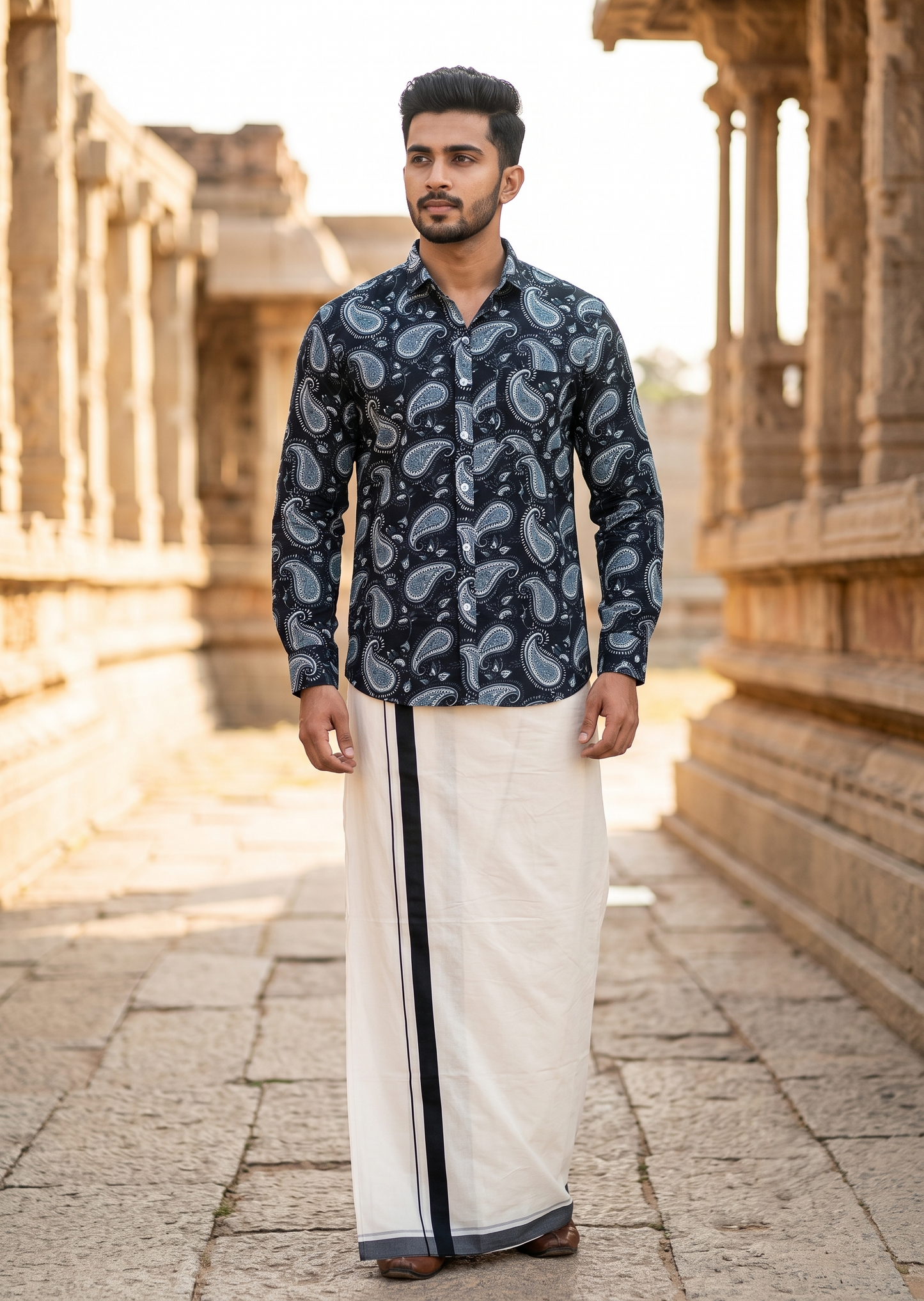 Southloom Cotton Jaipur Printed Men's Combo Full Sleeve  (Shirt + Mundu) SLCOMBO SL564