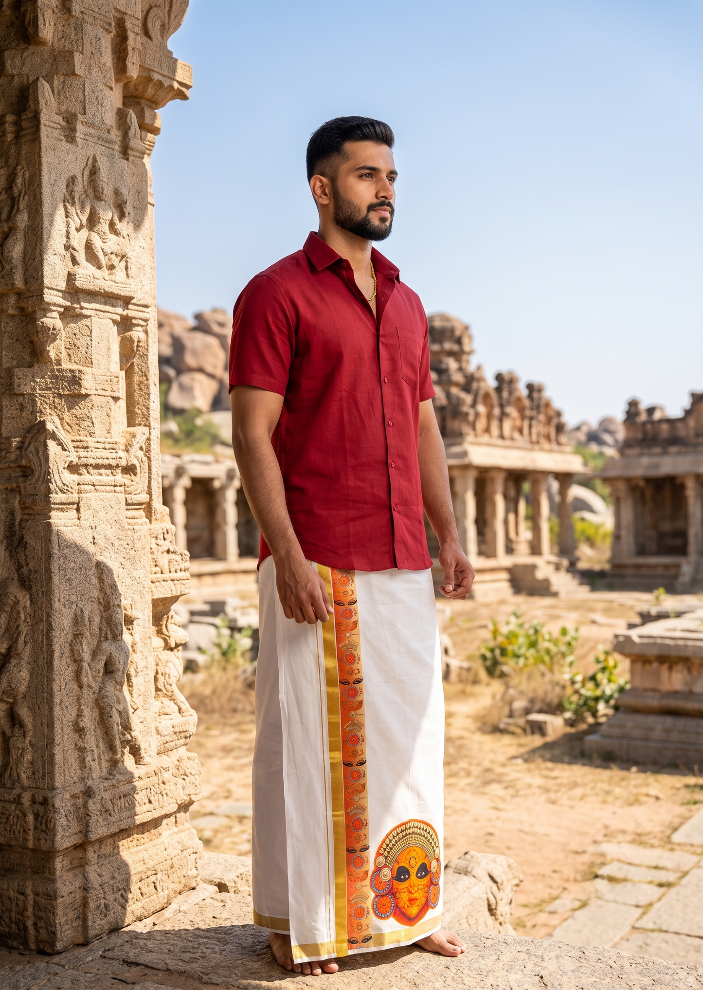 Southloom Pure Cotton Theyyam Digital Printed Double Mundu (South Indian Kerala Dhoti)