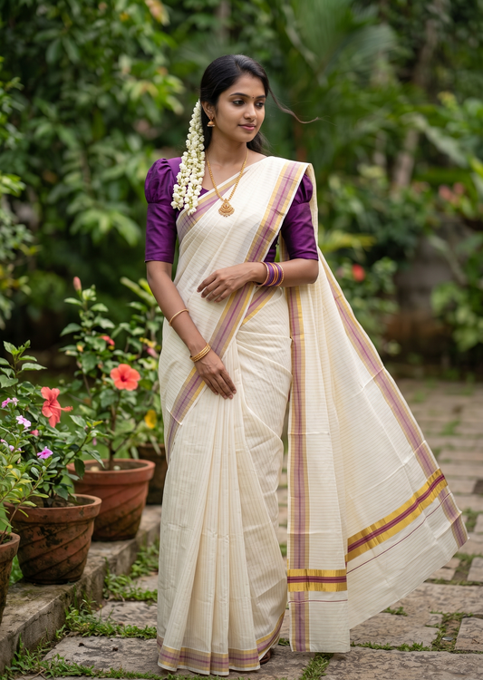 Southloom Pure Cotton Kerala Kasavu Lines Design Saree with Purple Border
