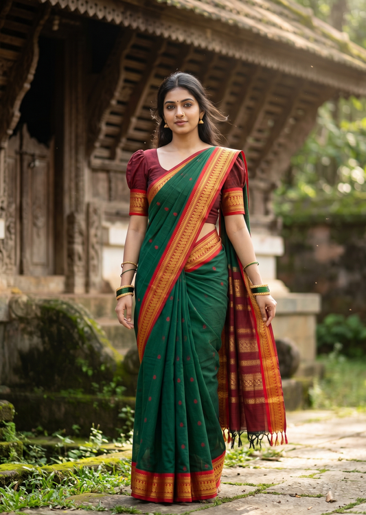 Southloom Kalyani Cotton Saree In Green And Maroon With Woven Work on the Body and Borders