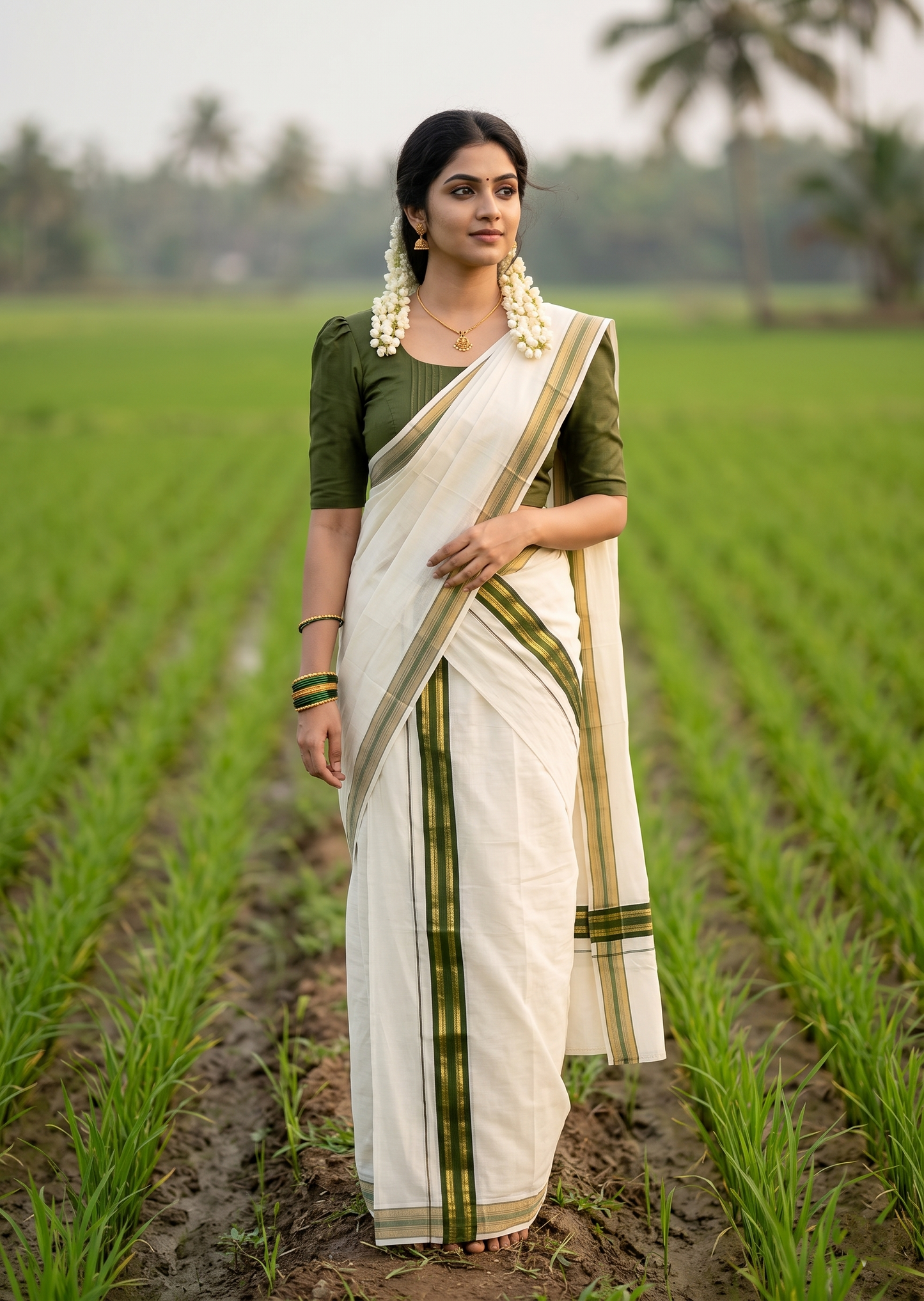 Southloom Kerala Cotton Single Set Mundu (Mundum Neriyathum) with Kasavu and  Olive Green Border in 2.80 Mtrs SLKK SL470