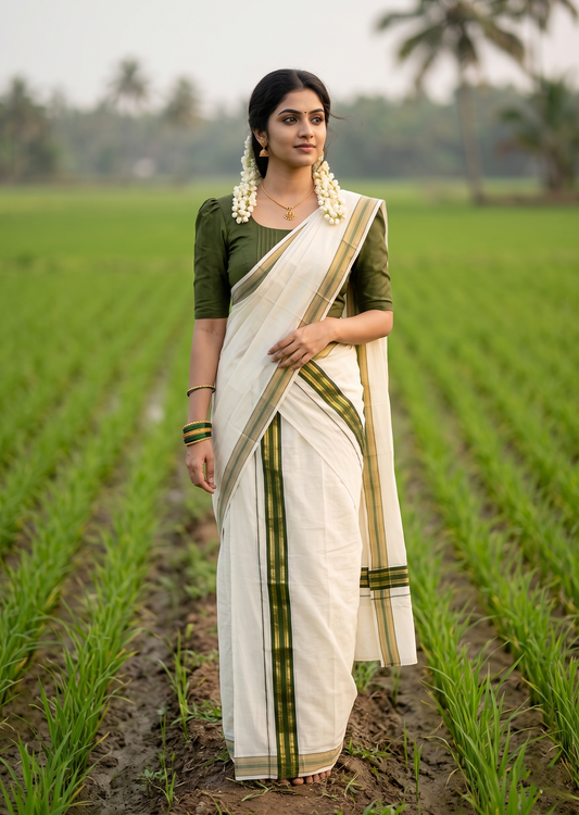 Southloom Kerala Cotton Single Set Mundu (Mundum Neriyathum) with Kasavu and Olive Green Border in 2.80 Mtrs SLKK SL470