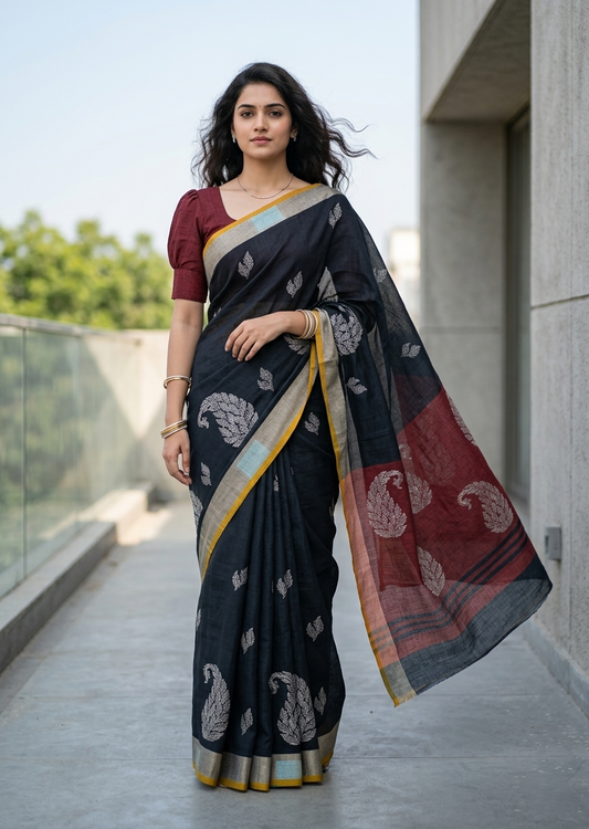 Southloom Kerala Linen Cotton Saree With Embroidery Work On the Body With Blue And Maroon