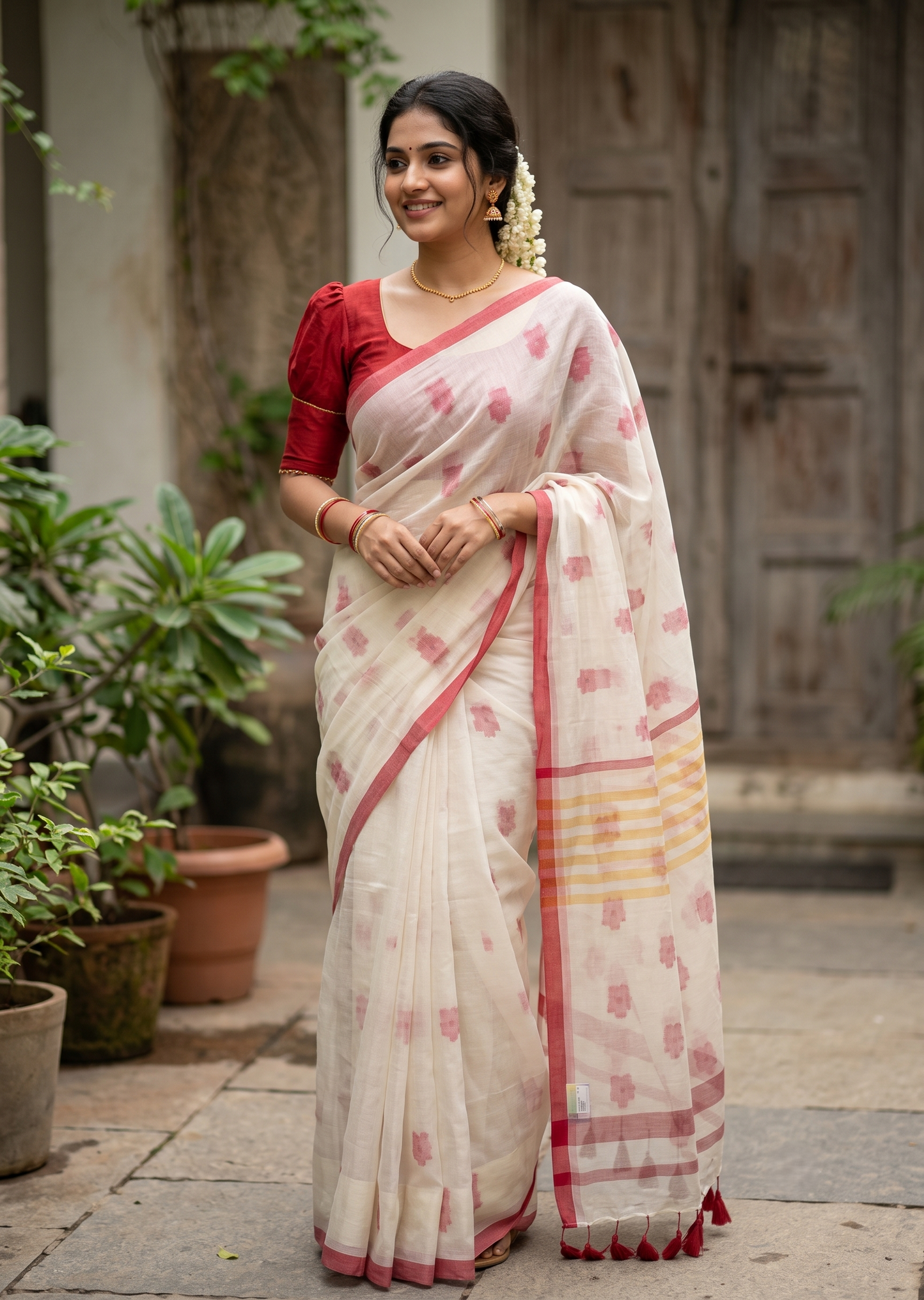 Southloom Mul Cotton 120 x 120 Soft Fabric Saree with Floral Design in Body &Red Border SL215