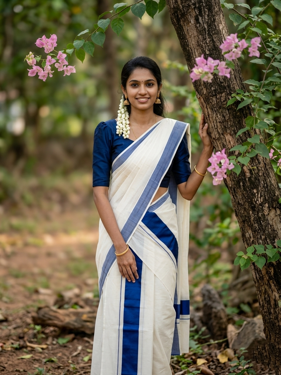 Kerala Cotton Set Mundu (Mundum Neriyathum) Single with Plain Blue Border 2.80 Mtrs