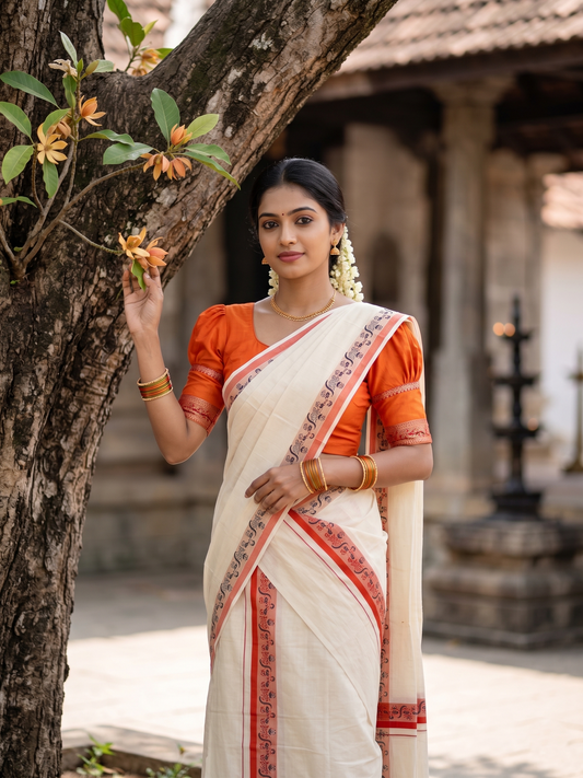Southloom Kerala Mulloth Cotton Single Mundum Neriyathum with Digital Prints in Orange 2.80 Mtrs SL378