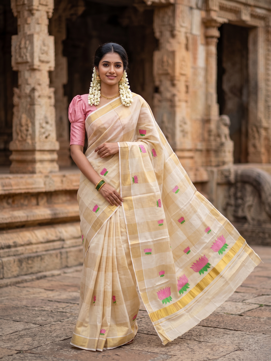 Southloom Lotus Baby Pink and Green Embroidery Check Tissue Saree SL337