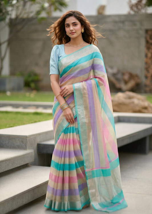 Southloom Tissue Organza Saree With Stripes Design in Multicolour SL353