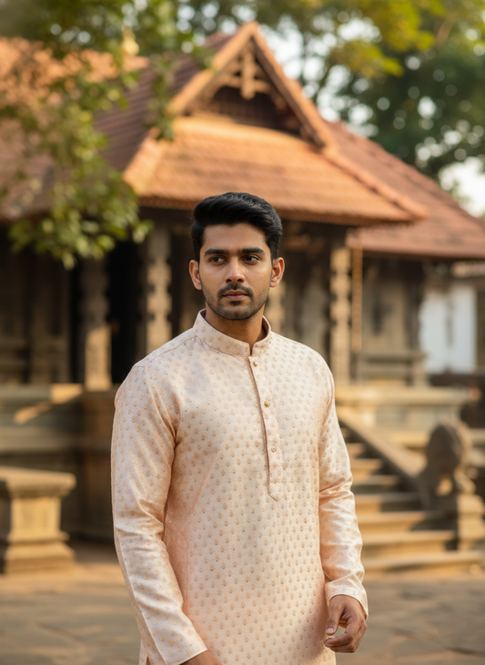 Southloom Beige Woven Patterns Semi Silk Short Kurta for Men