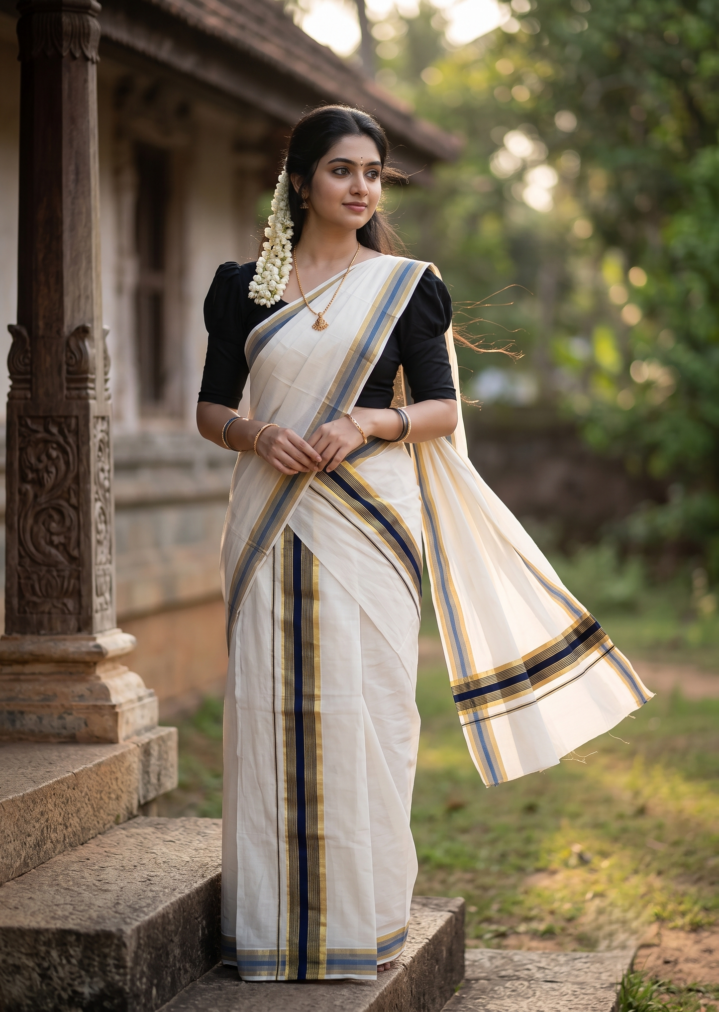 Kerala Cotton Mundum Neriyathum Single (Set Mundu) with Blue and Kasavu Border 2.80 Mtrs SLKK