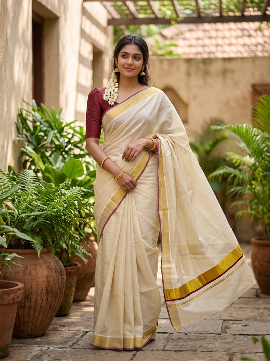 Southloom Kerala Tissue Kasavu Plain Saree With Maroon Border
