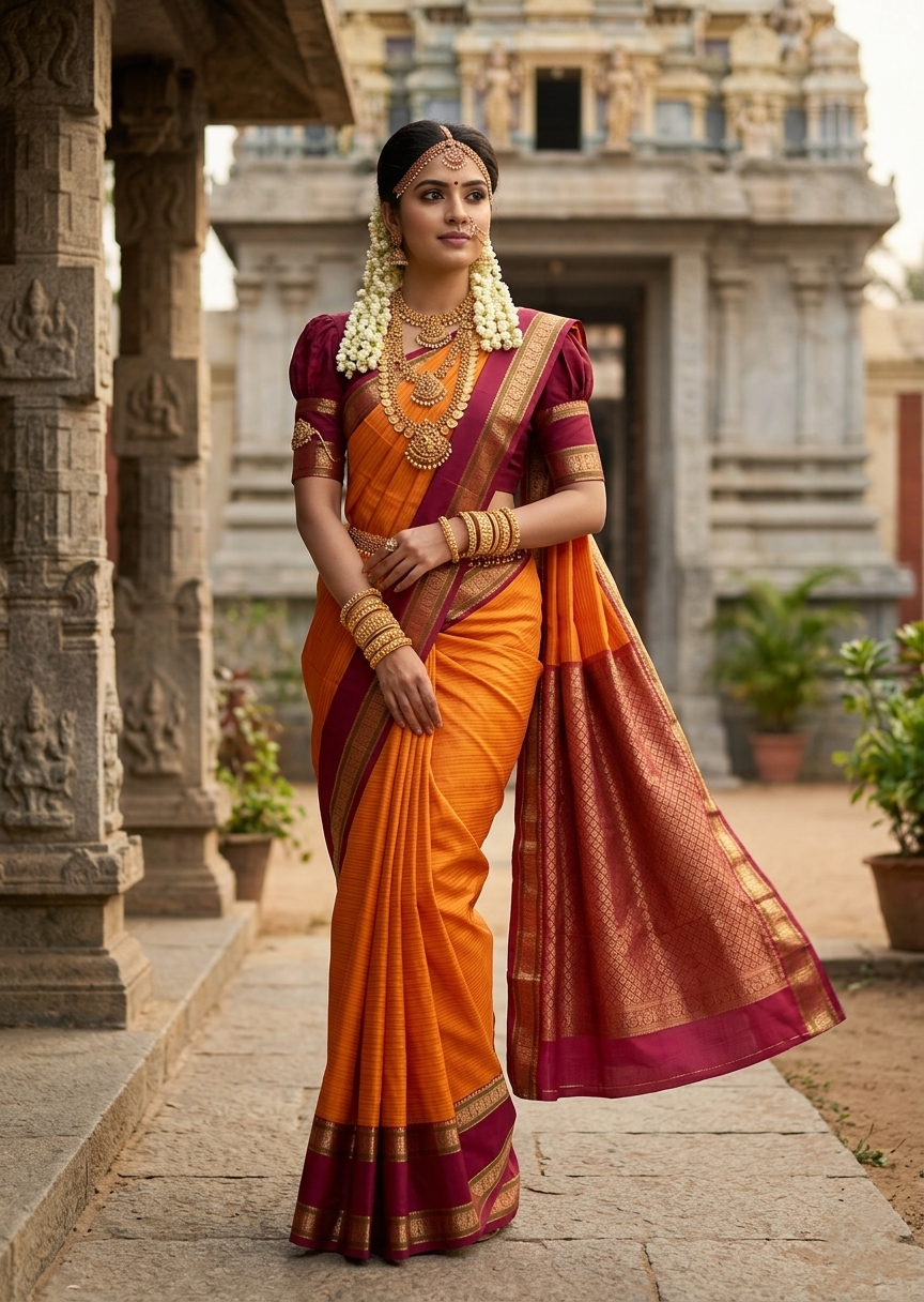 Southloom Premium Handloom Bridal Kanchipuram Silk Saree with Korvai Work (Yellow & Magenta)