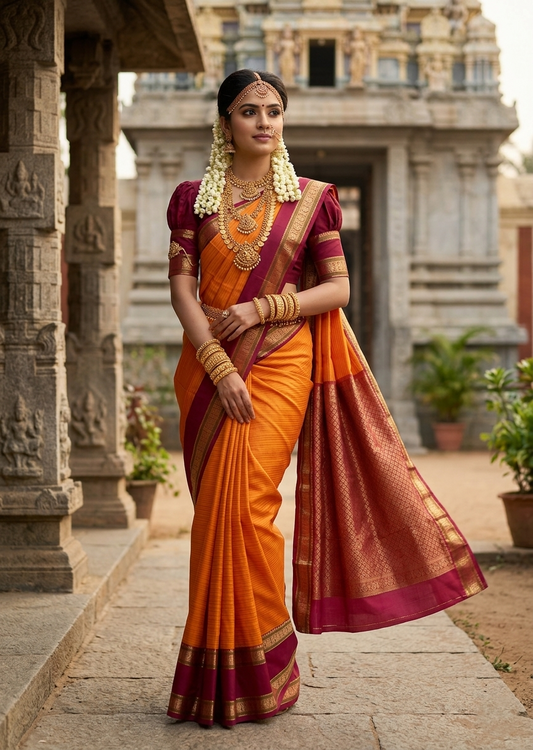 Southloom Premium Handloom Bridal Kanchipuram Silk Saree with Korvai Work (Yellow & Magenta)