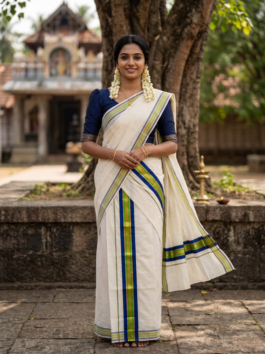 Kerala Cotton Kasavu Set Mundu (Mundum Neriyathum) with Blue and Green Border 2.80 Mtrs