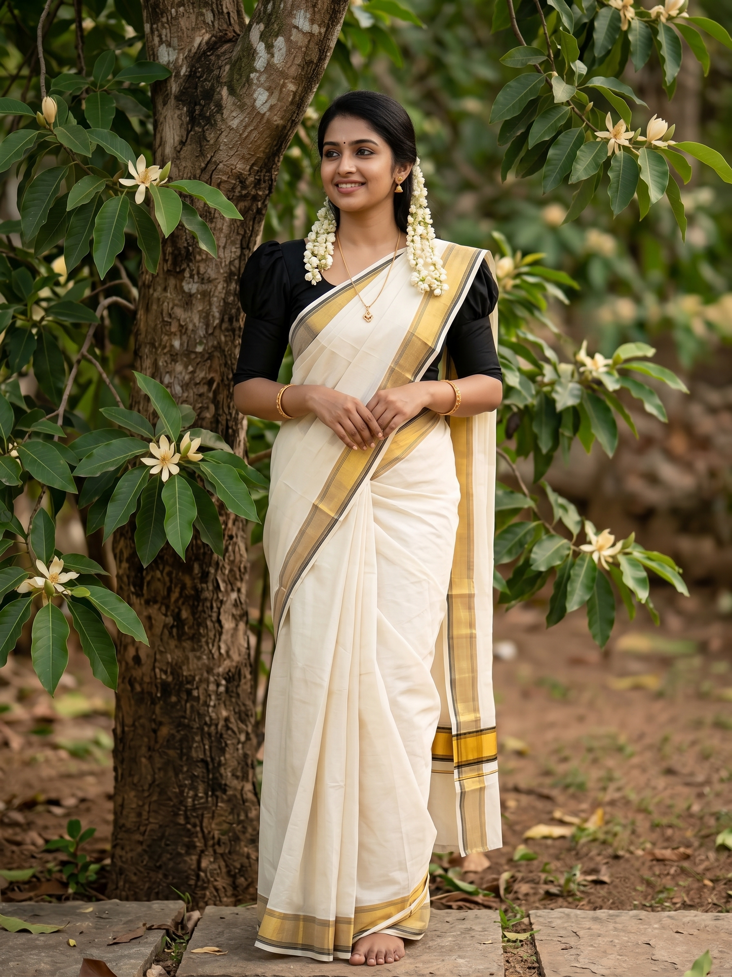 Southloom Kerala Cotton Kasavu Saree with Black And Mustard Yellow Border
