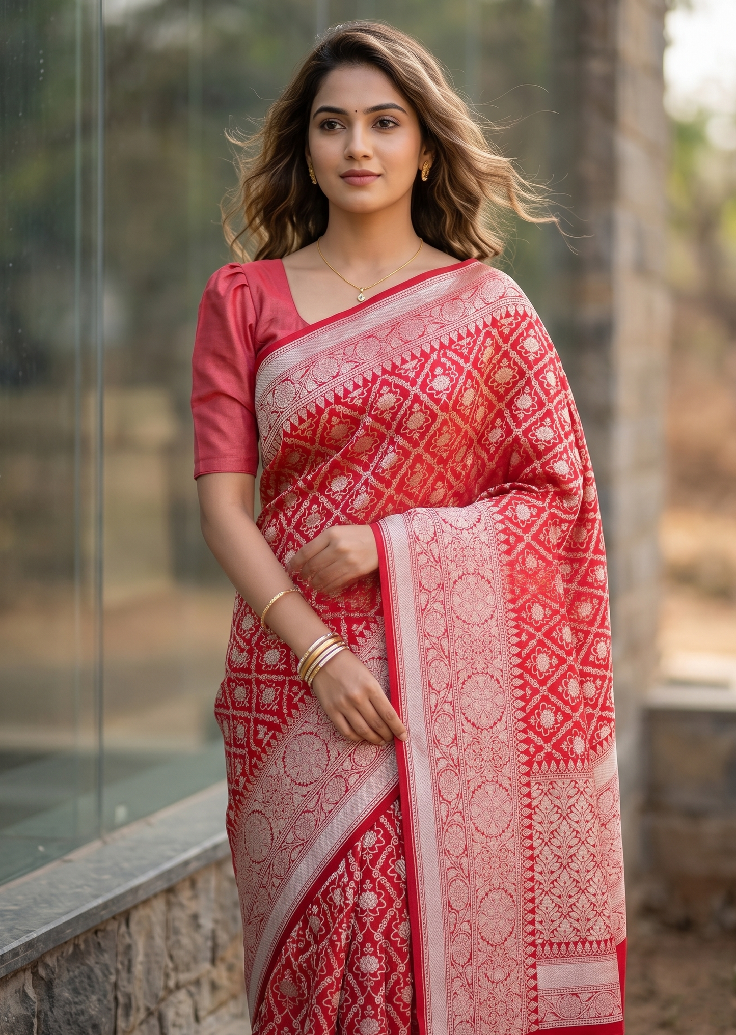 Southloom Pure Banarasi Silk Saree with Woven Work on Body and Borders (Pink And Red)
