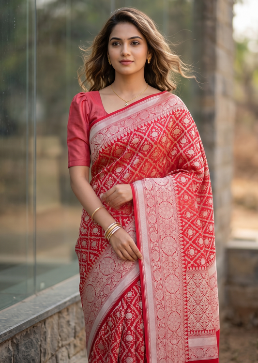 Southloom Pure Banarasi Silk Saree with Woven Work on Body and Borders (Pink And Red)