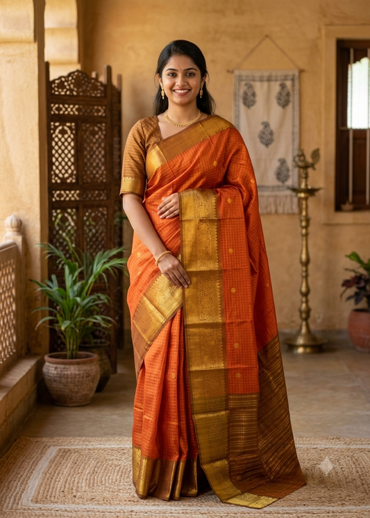 Orange and Brown Colour Semi Silk Saree With Check Design SL634
