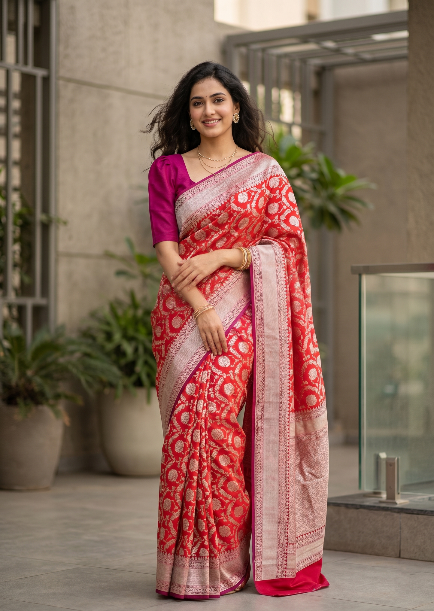 Southloom Pure Banarasi Silk Saree with Woven Work on Body and Borders (Red And Magenta)