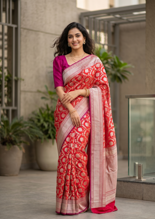 Southloom Pure Banarasi Silk Saree with Woven Work on Body and Borders (Red And Magenta)
