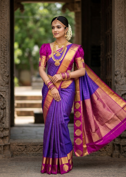 Southloom Pure Handloom Bridal Kanchipuram Silk Saree with Korvai Work (Violet & Magenta)
