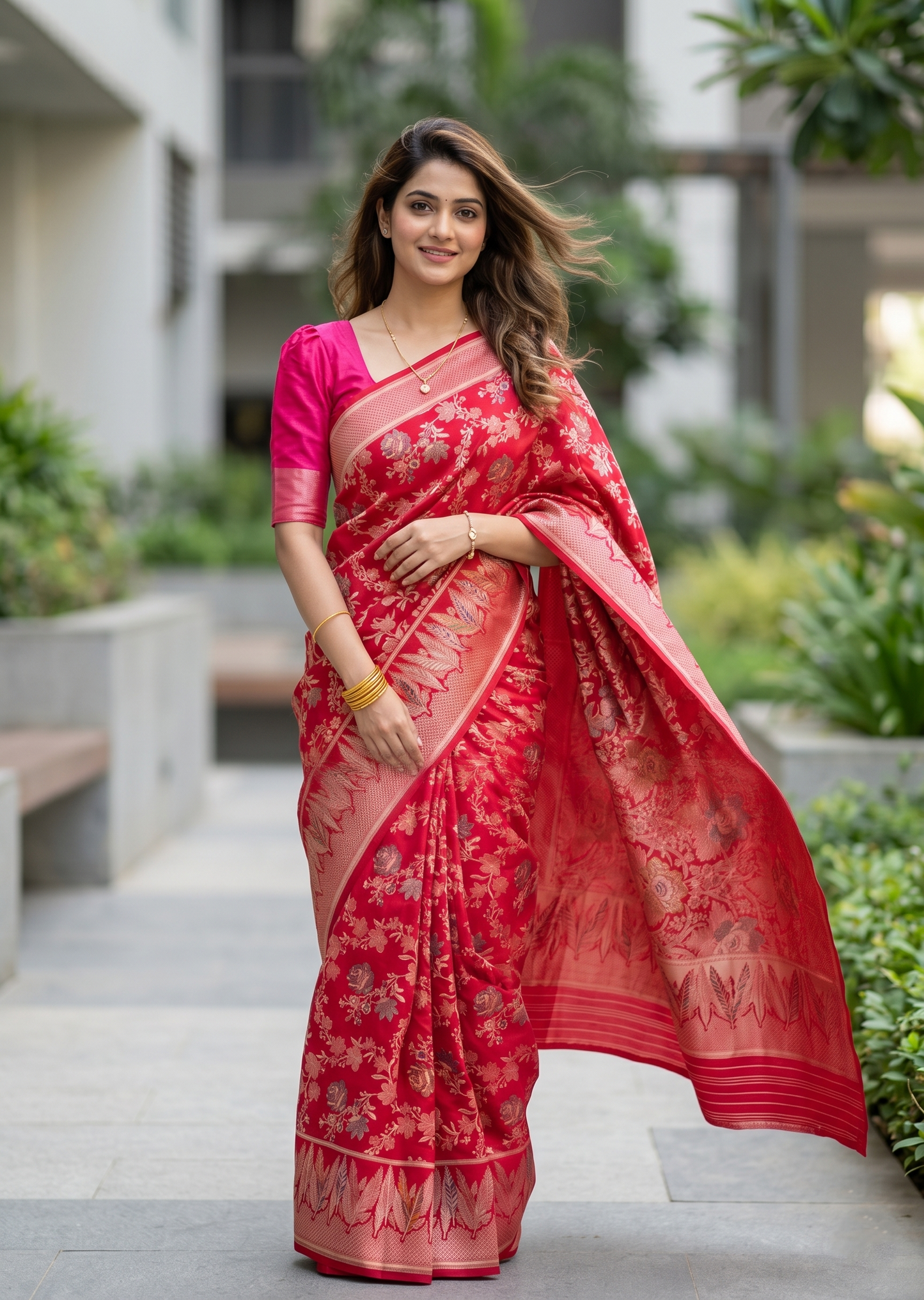 Southloom Pure Banarasi Silk Saree with Woven Work on Body and Borders (Pink)